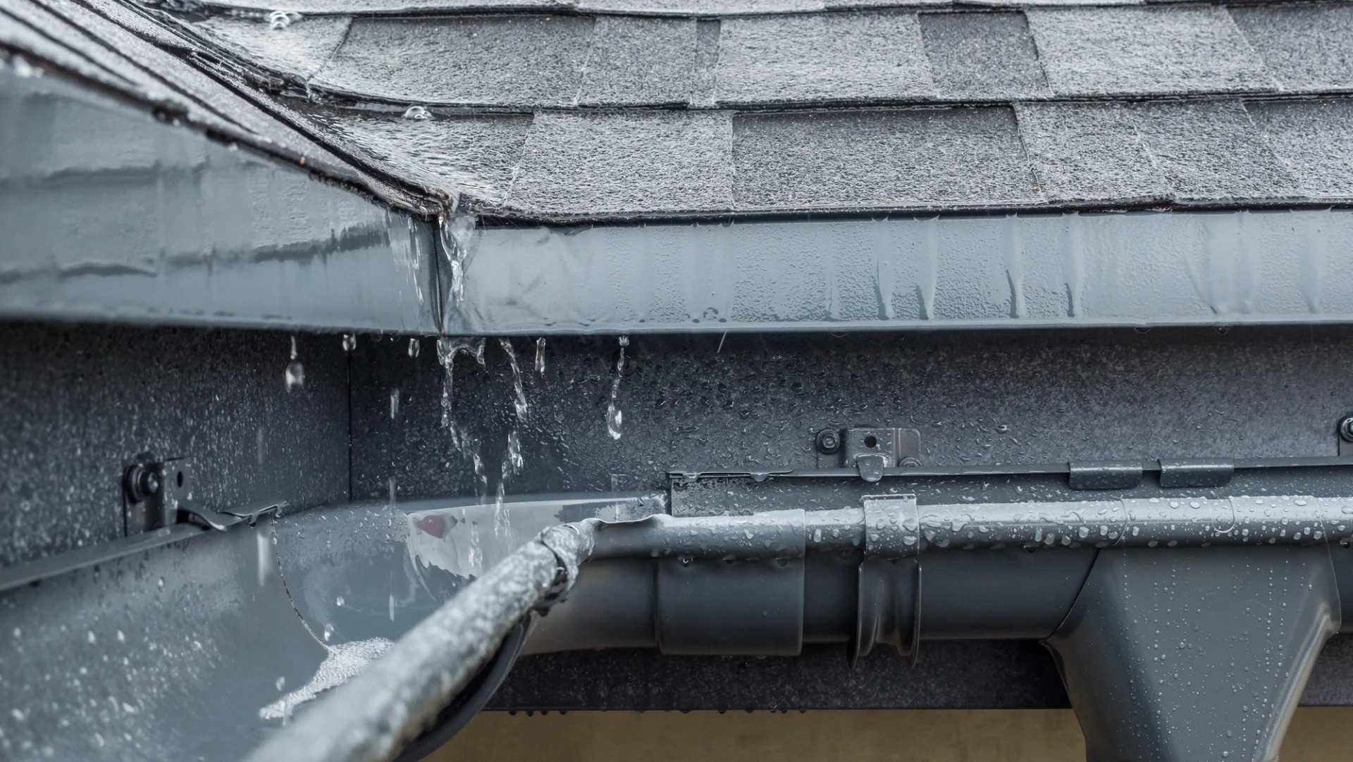 Gutters in downpouring rain on Katy, TX home worked on by Brinkmann Quality Roofing Services