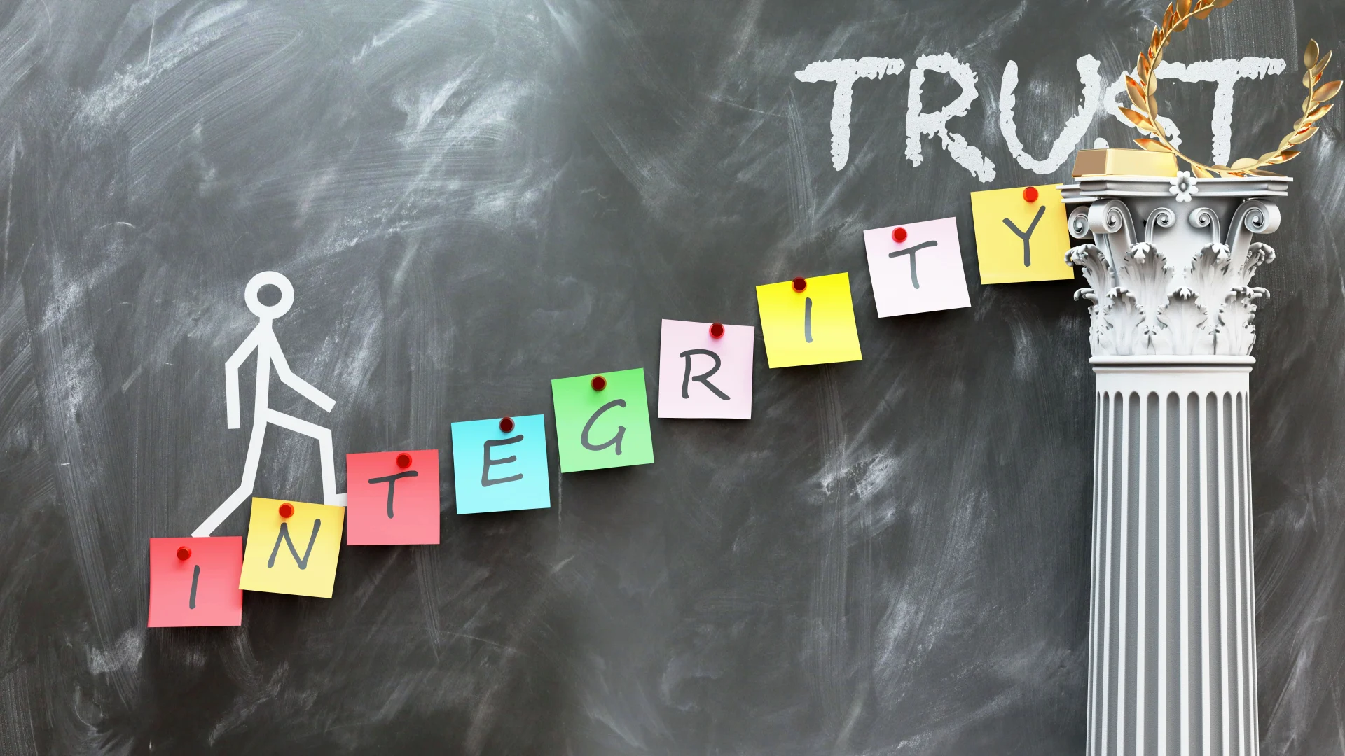 A chalk figure walks up steps made of post-it notes that spell out the word INTEGRITY leading to the word TRUST