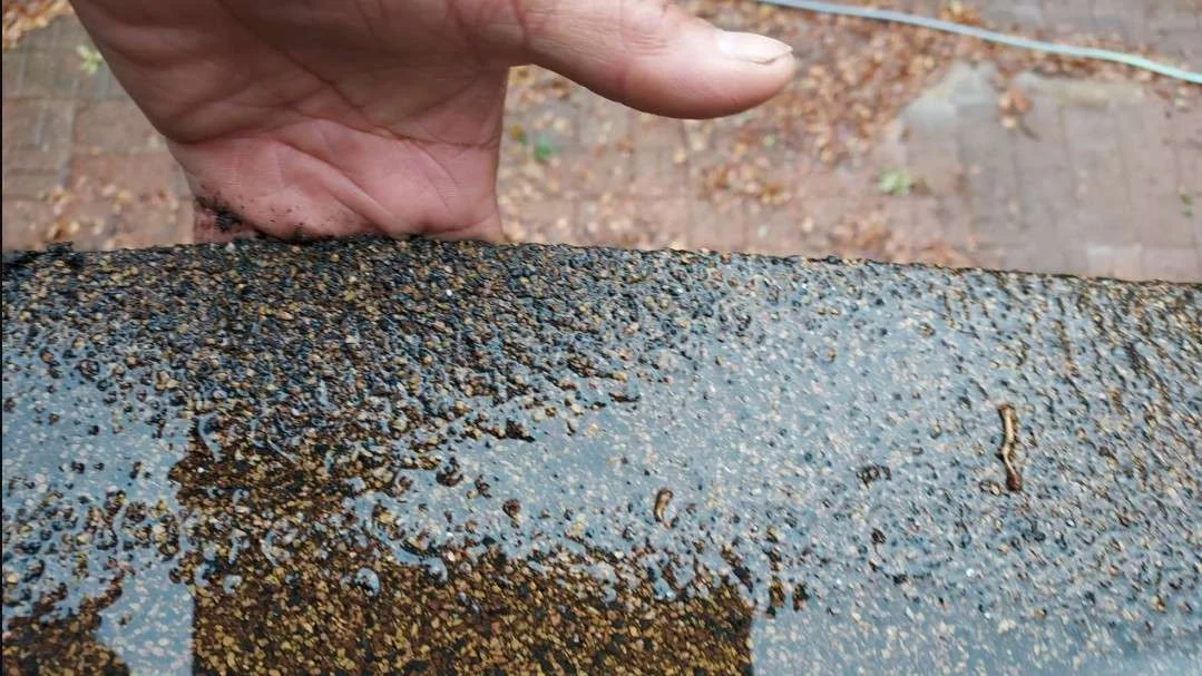Close view of a Brinkmann inspector holding up a section of Walter’s failed modified bitumen cap sheet