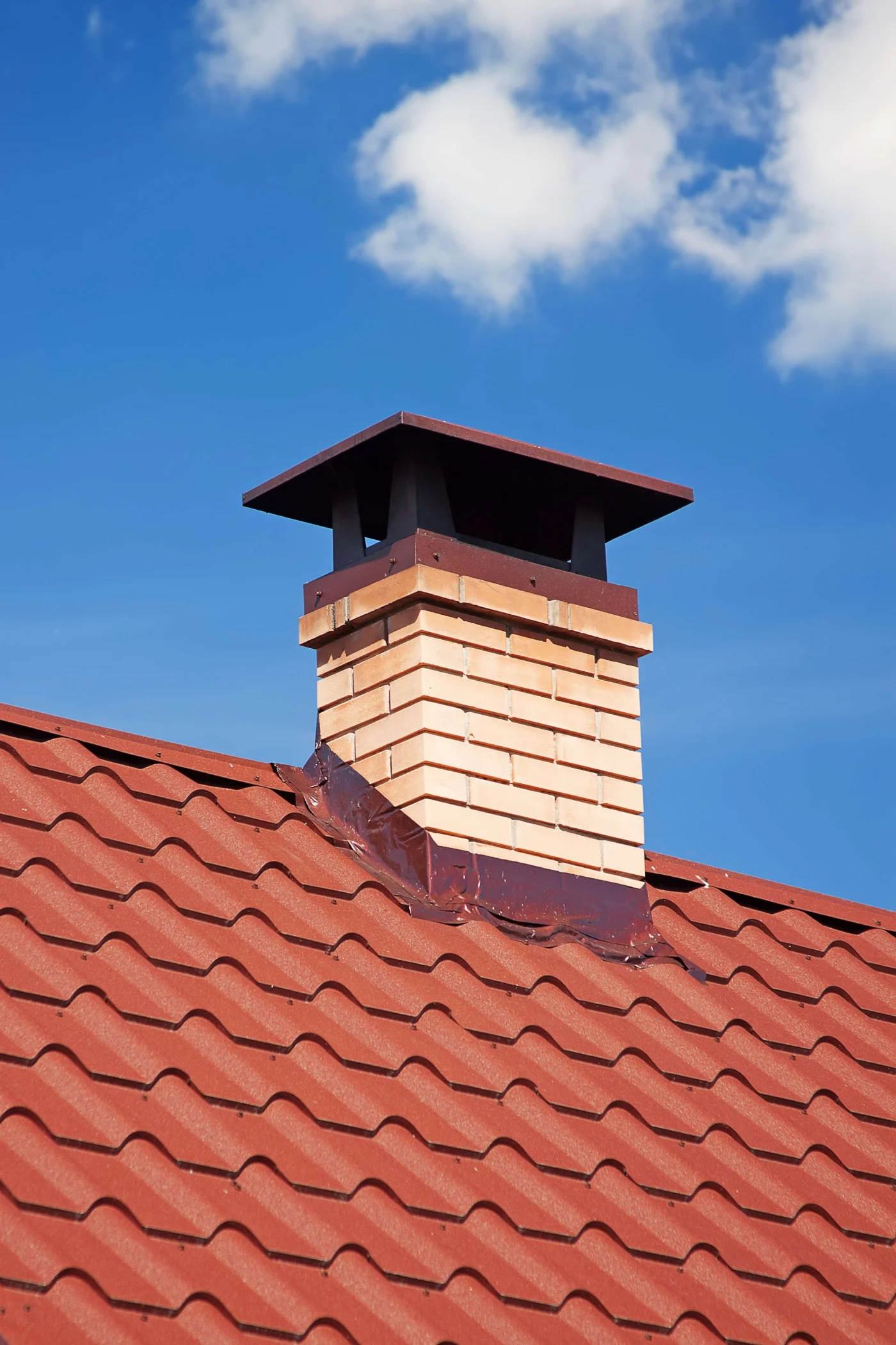 A chimney made of beige bricks with red flashing that matches the surrounding roof.