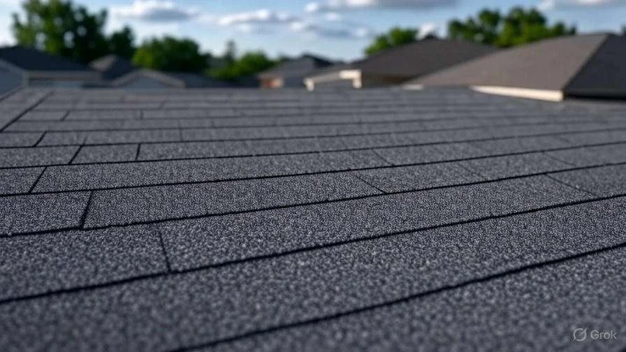 Close-up new gray roof with trees and houses