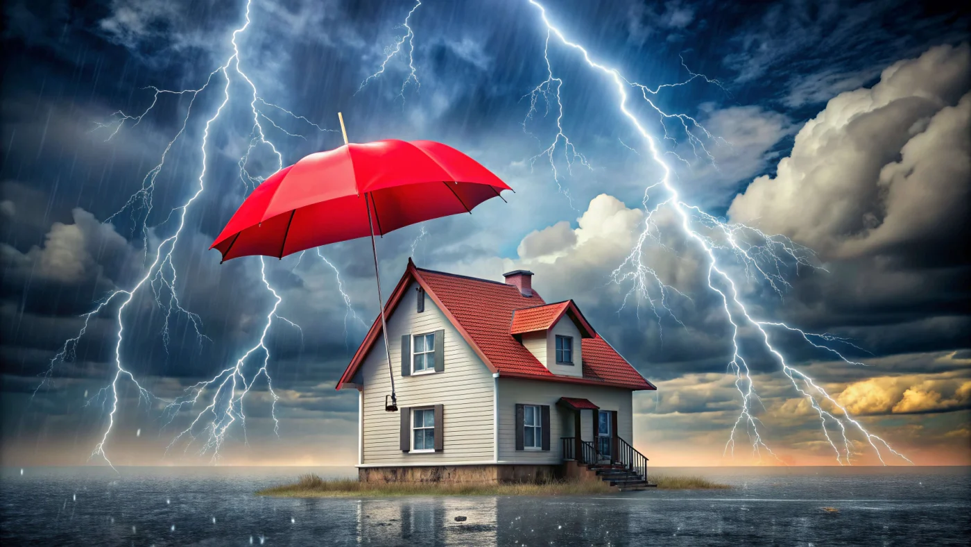 Fortified Roofing In Houston, TX | Brinkmann Quality Roofing Services A red umbrella above a house while a lightning storm strikes above