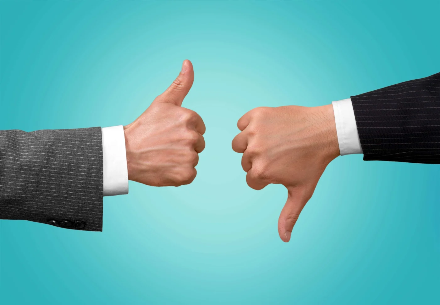 Industry Standards In The Houston Area | Brinkmann Quality Roofing Services Two hands, one giving and thumbs up and one giving a thumbs down, against a teal background.