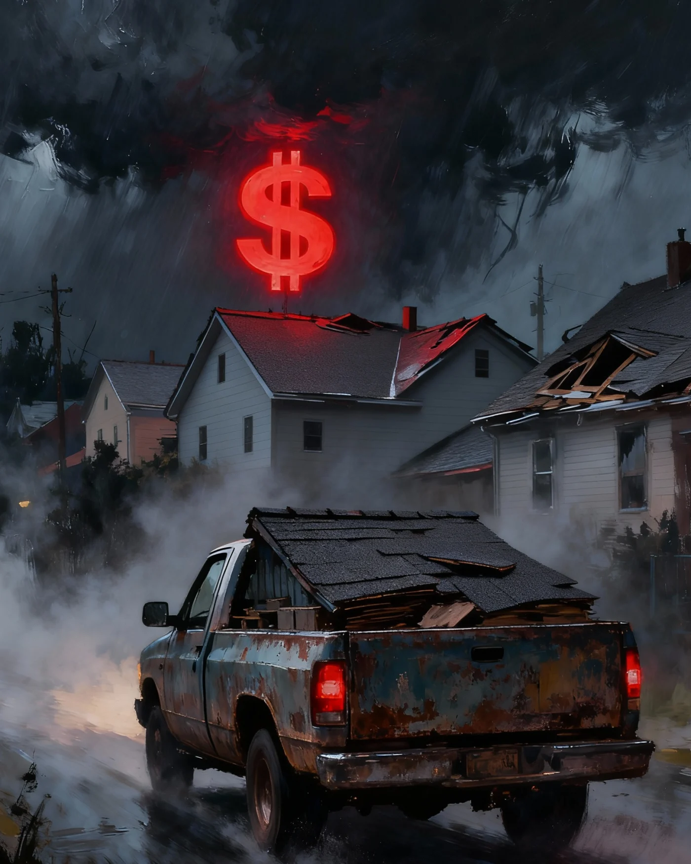 Storm Chasers In Galveston, TX | Brinkmann Quality Roofing Services A roofing truck driving into a town that’s recently suffered storm damage. One of the houses has a floating red dollar sign over it.