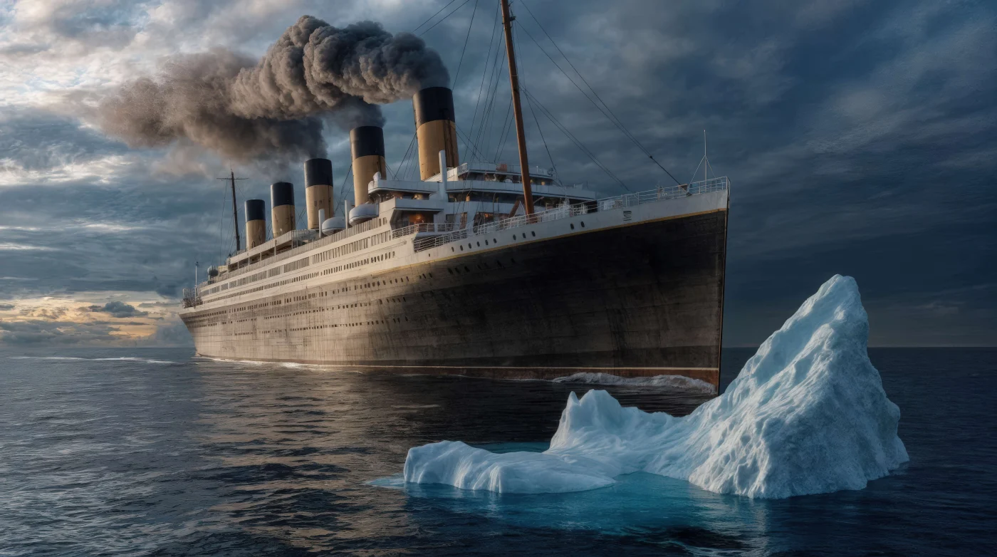 Old Ocean Liner Next To A Large Iceberg. The Titanic is approaching an iceberg on a frozen ocean