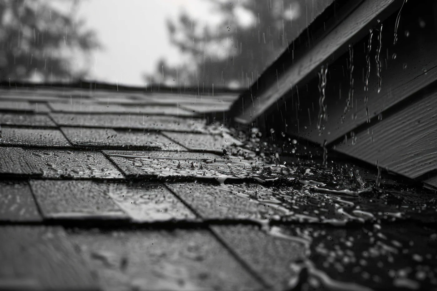 Storm On The Water. Rainwater Draining Off House Roof In Cold Wet Season A black-and-white image of rain falling on an asphalt shingle roof