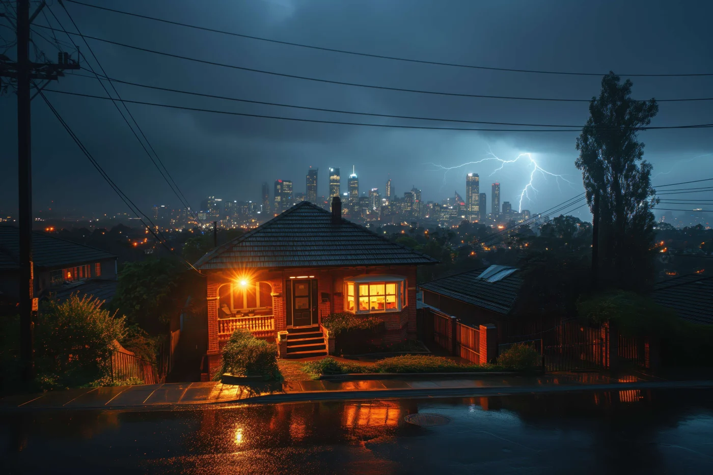 Hurricane Ready Roof Maintenance League City Tx Brinkmann Quality Roofing Services A house in the Houston area with a storm brewing in the background over tall city buildings