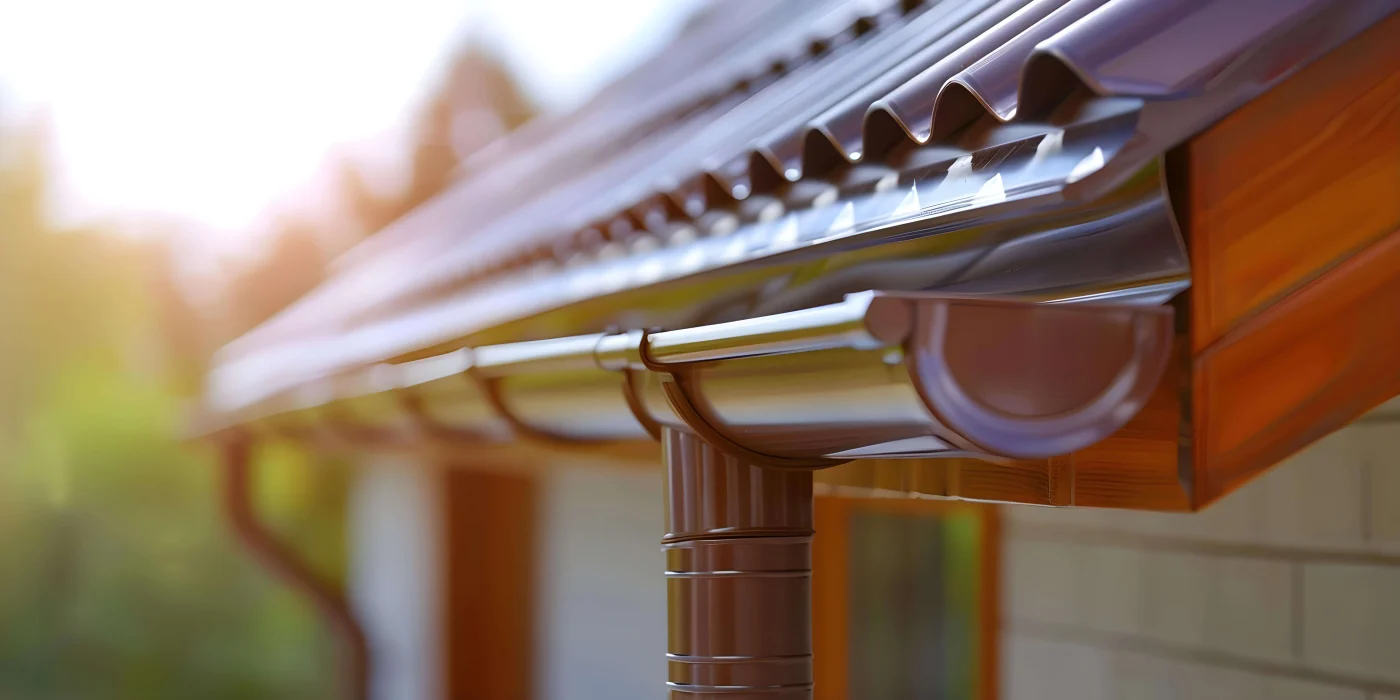 A close-up of burgundy gutters and downspouts on a standing seam metal roof.
