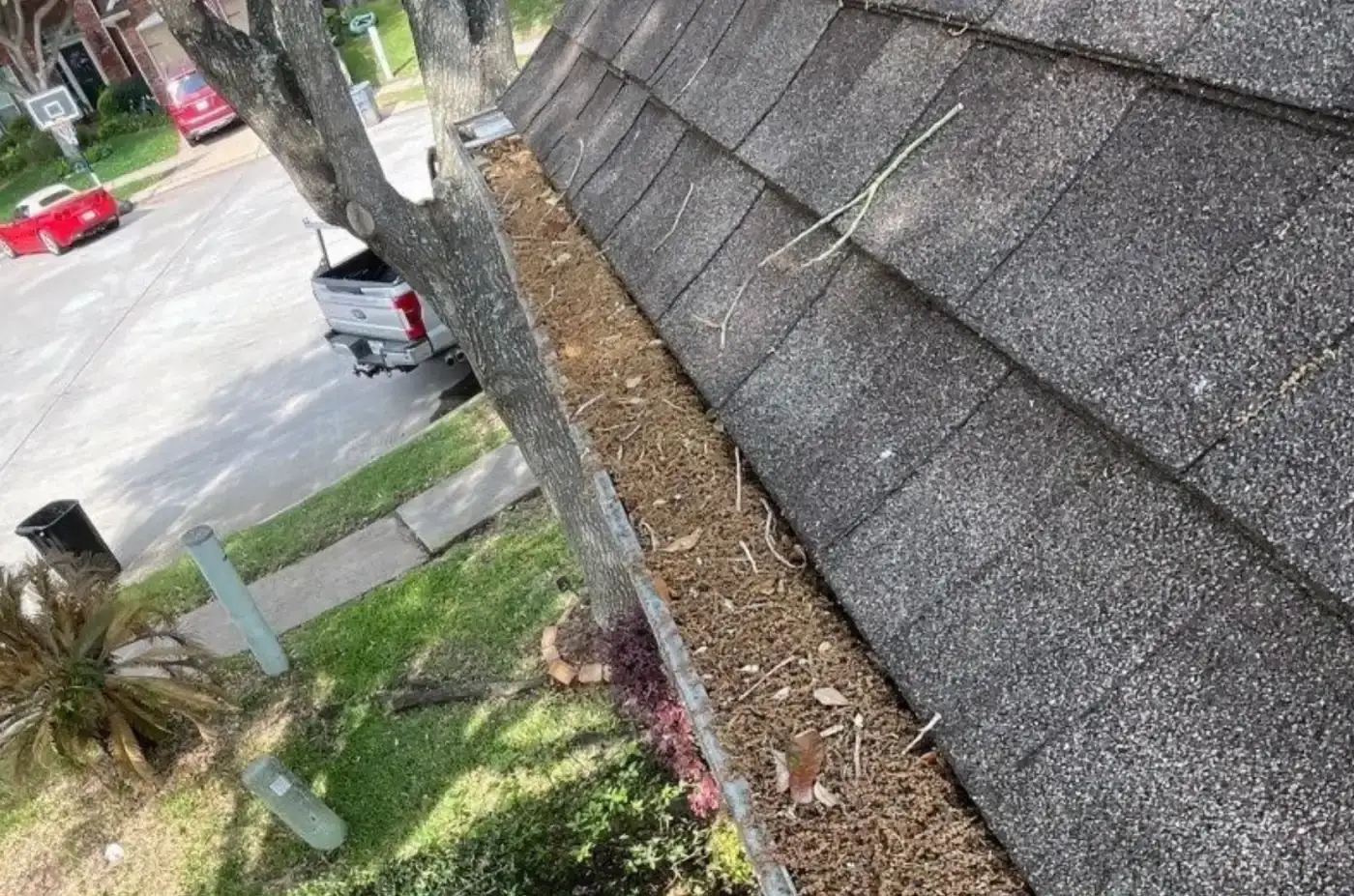 Gutters along the edge of a roof filled with pine needles and debris, requiring gutter cleaning and maintenance.