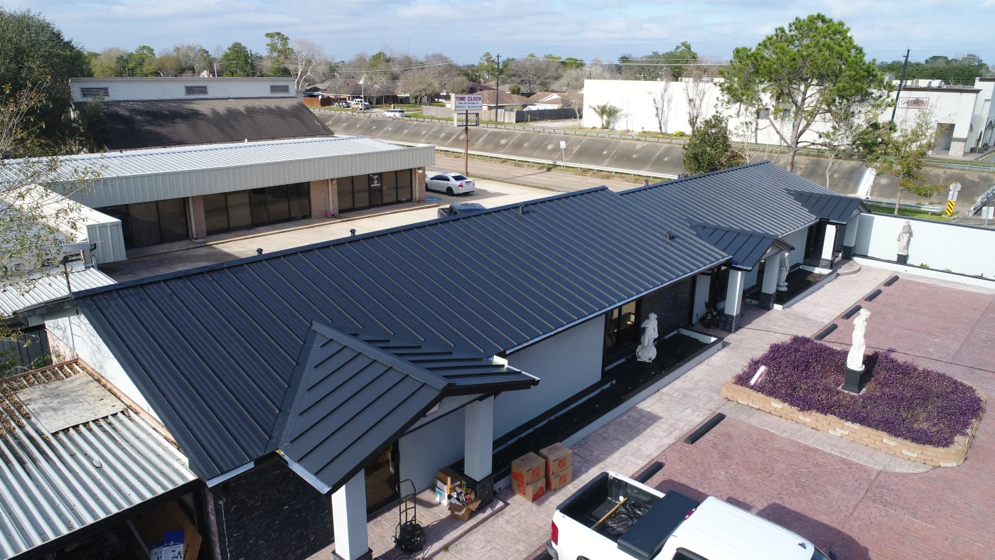 Metal Roof Standing Seam Commercial Roof Replacement Berridge Matte Black Sagemont Houston Texas